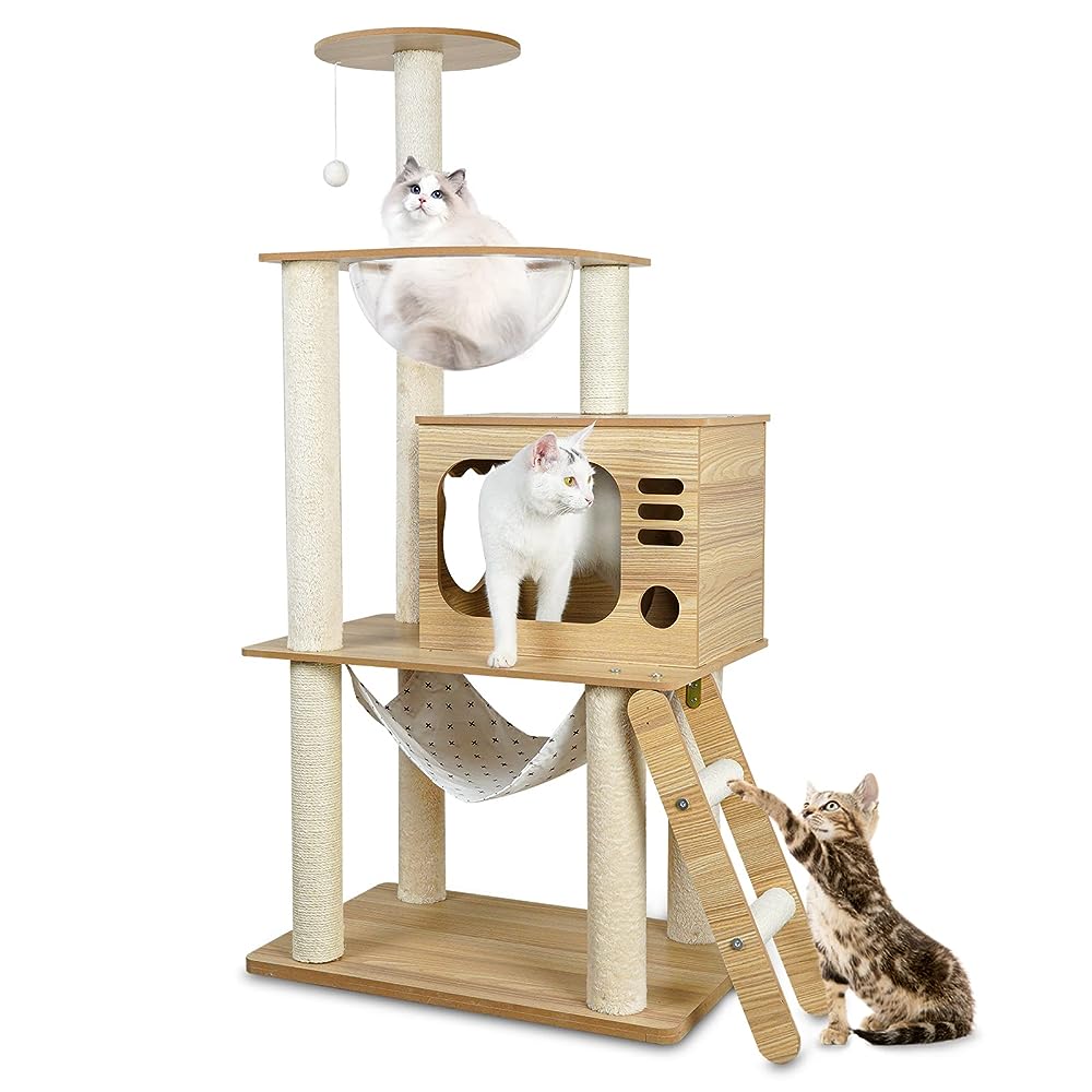 YUCHONG キャットタワー 据え置き 猫タワー ねこハウス 木製 キャットタワーには5階建てのスペースキャビン空中小別荘が設計 天然サイザル 広いハウスとハンモック付き 多頭飼い 安定性 キャットランド 段差あり 組み立て簡単(高さ124cm) 000107