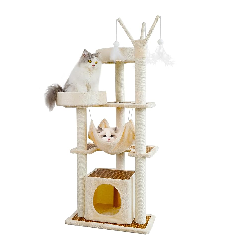 キャットタワー ハンモック 木製猫タワー さわやかなござ 四階建て 大型 据え置き型 可愛い 猫爪とぎ 安定な見晴台 お手入れ簡単 猫おもちゃ子猫とシニアも楽々 多頭飼いに適用 爪とぎ麻紐とおもちゃ付き 高さ123cm YUCHONG