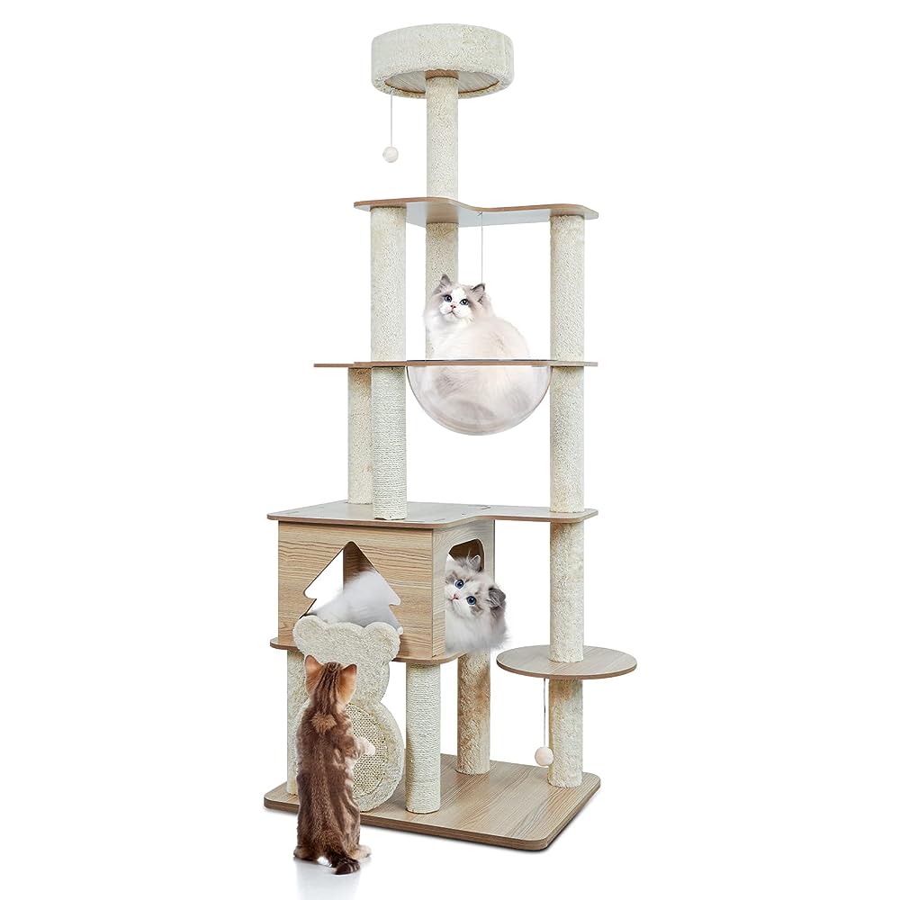 YUCHONG キャットタワー 据え置き 猫タワー 木製 小さな森 猫タワー 宇宙船ハンモック付き 爪とぎポール 春夏秋冬 組み立て簡単 多頭飼い 麻紐 子猫 大型猫 シニア 省スペース 運動不足解消(高さ158cm) 000106