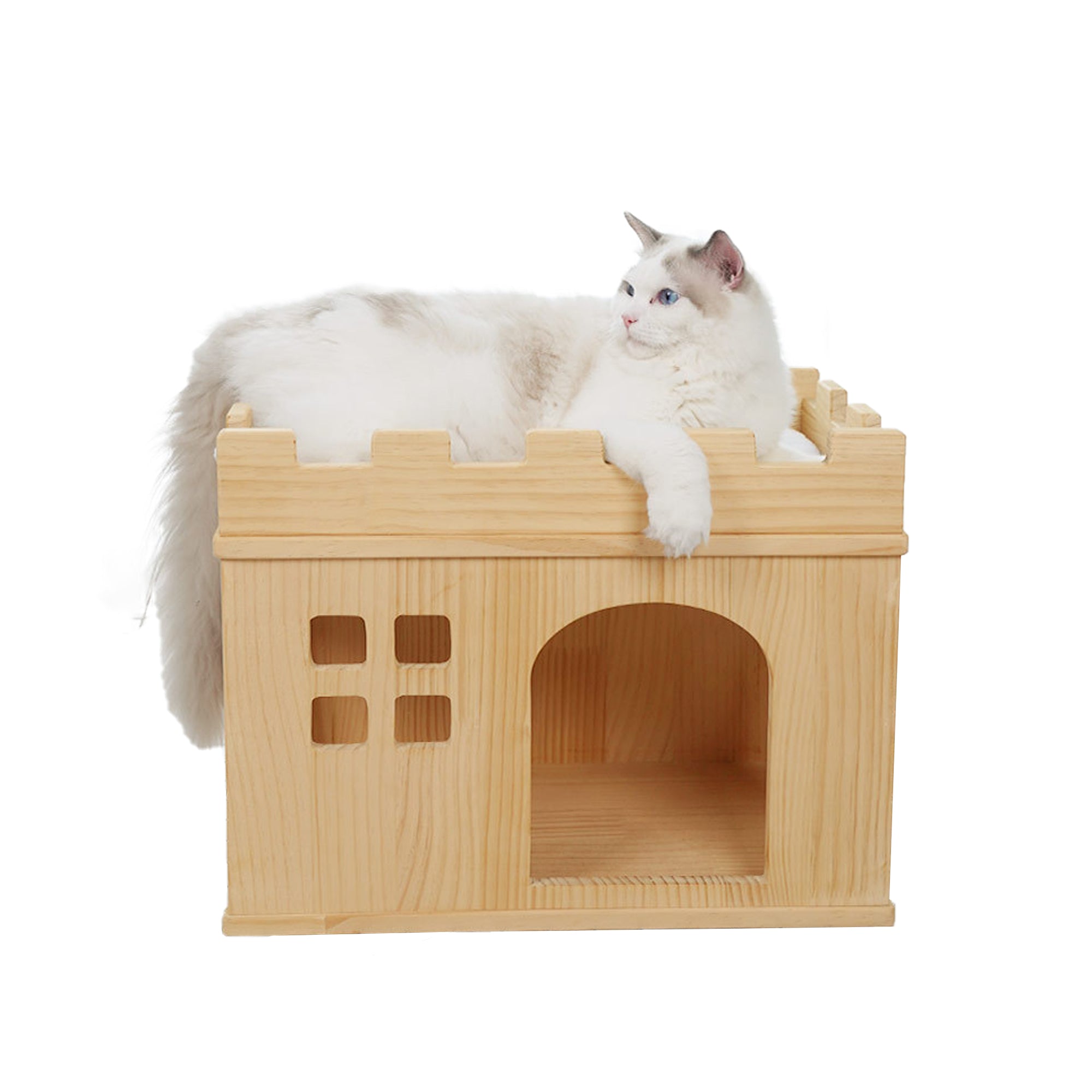 ペットキャッスル 猫ハウス 木製 2段 通気性 安定 遊ぶ オールシーズン 小型犬 猫 隠れ家
