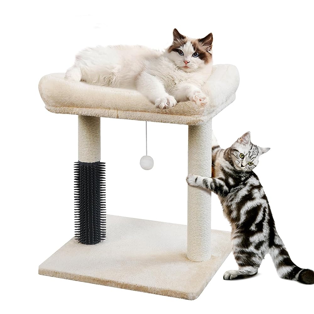 Cat Scratching Post for Indoor Cats，4 in1 Cat Tree Tower 21" Tall Small Natural Sisal Scratcher Posts Bed Featuring with Wide Soft Top Perch, Dangling Ball Toy and Self-Grooming Brush for Kittens